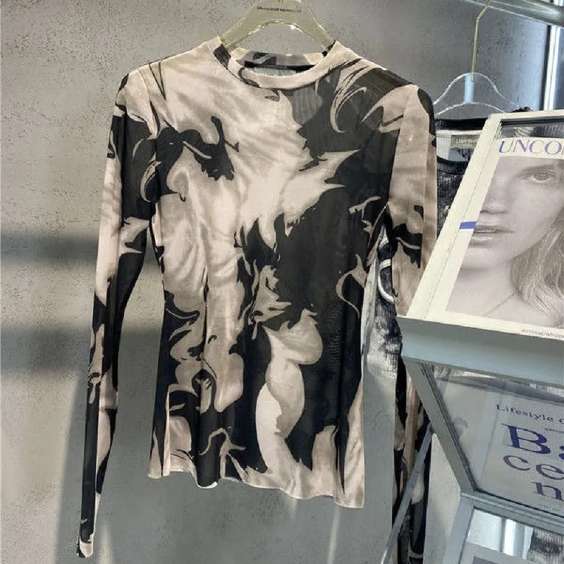 

T Shirt Turtleneck Mesh Print Top Transparent Printed Sexy Long Sleeve Fitness Party Gothic Punk Style Streetwear Undershirt