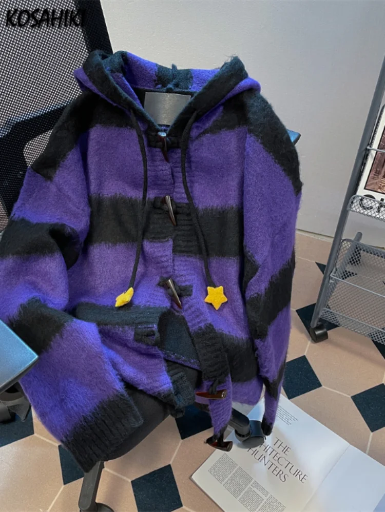 Женский винтажный Кардиган со звездами Y2k полосатый мохеровый свитер с капюшоном