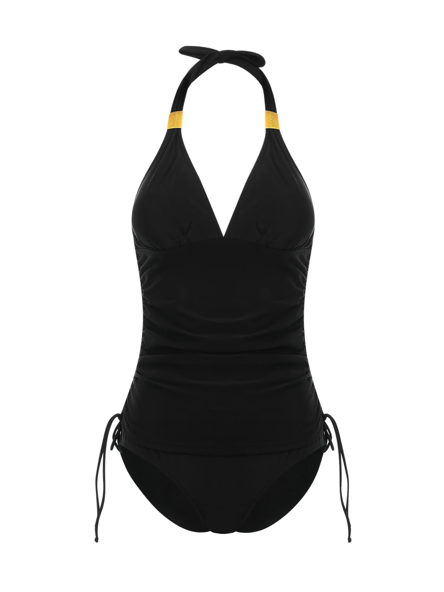 

Женские купальные костюмы с лямкой на шее, Танкини с открытой спиной и рюшами, купальник из 2 предметов с V-образным вырезом и контролем живот...