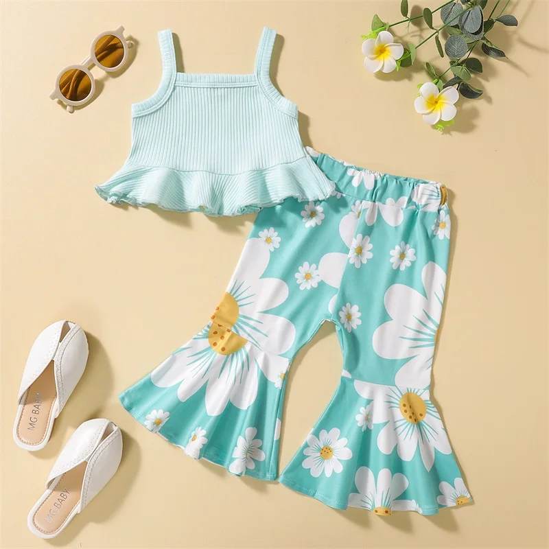 

2Pcs Sweet Style Little Girls Outfit Summer Toddlers Sleeveless Suspender Tops + Floral Printing Bell-bottomed Pants Set