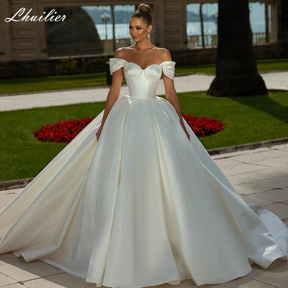 

Lhuilier Women's A Line Off the Shoulder Satin Wedding Dresses Elegant Pearls Beaded Bridal Gown with Court Train