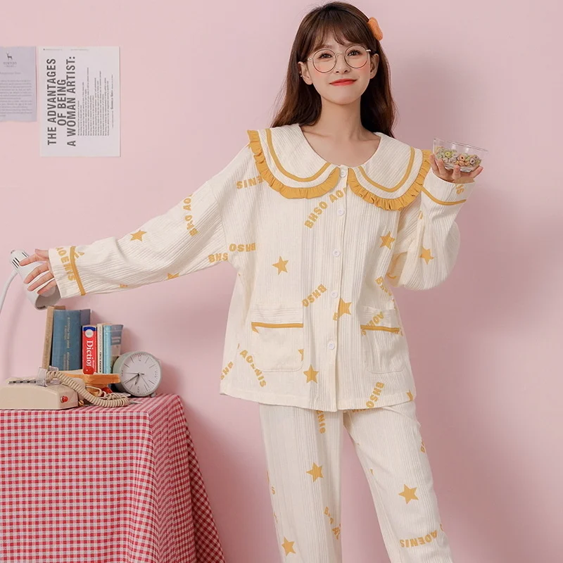 spring new cardigan pajamas women's pure cotton sweet  lovely lapel loose long sleeved trousers autumn  winter home clothes