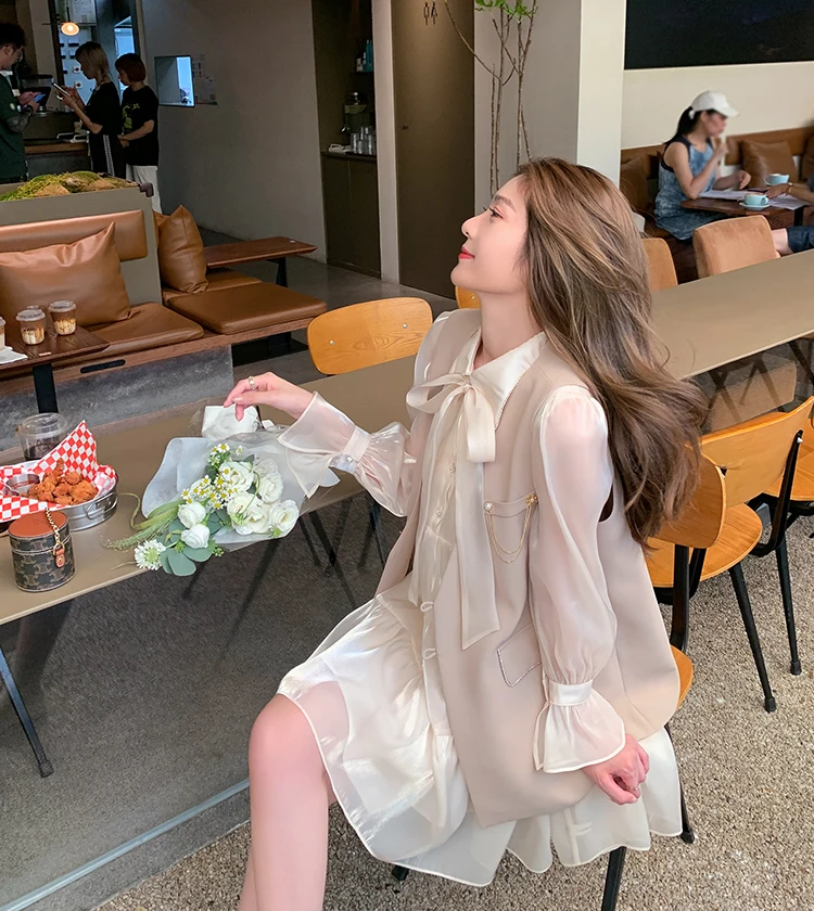 

Vintage Maxi Dresses for Women Party Belt Bow Peter Pan Collar Office Lady French Flare Sleeve Woman Dress Vest Suit Autumn BB20