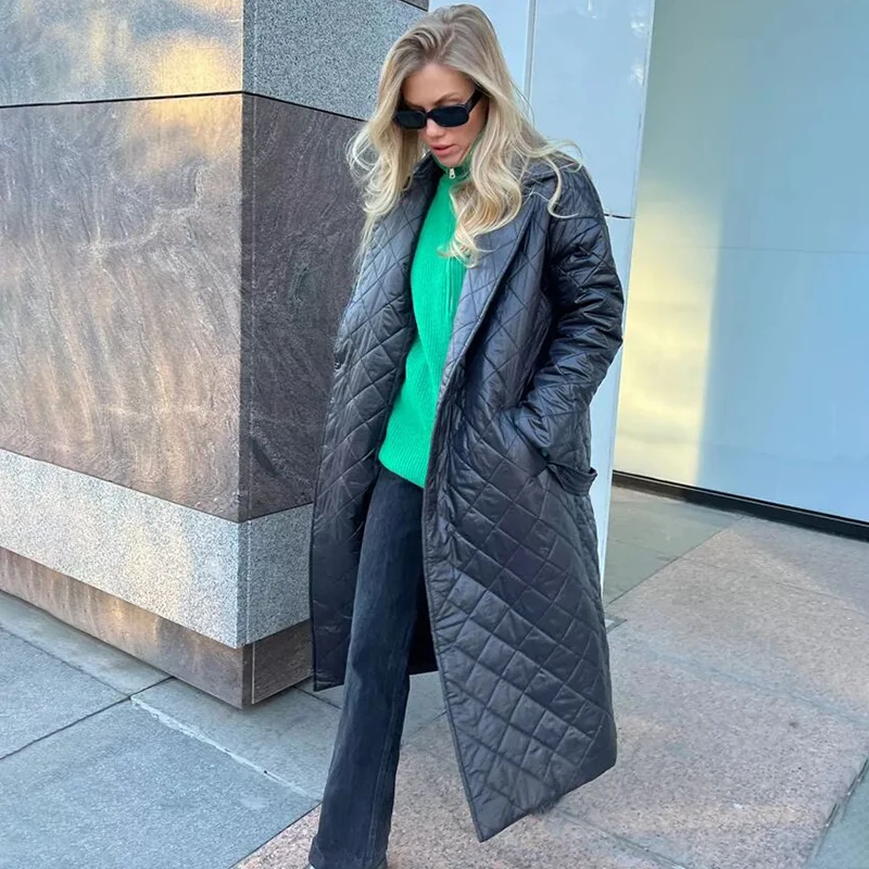Ardm Elegant Quilted Belt Winter Jacket for Women 2022 Super Hot Lapel Long Coat Green Loose Warm Plaid Top Casual Coats Female
