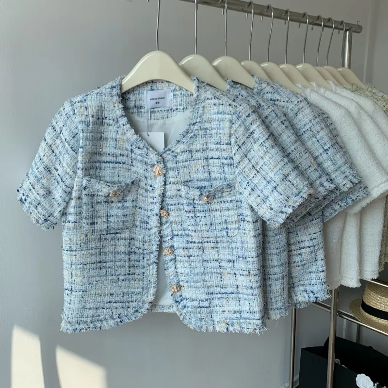 

Runway Summer Korean Small Fragrance Women's Luxury Tweed Real Pocket Coat Elegant Short Sleeve Thin Jacket Top Casaco Outwear