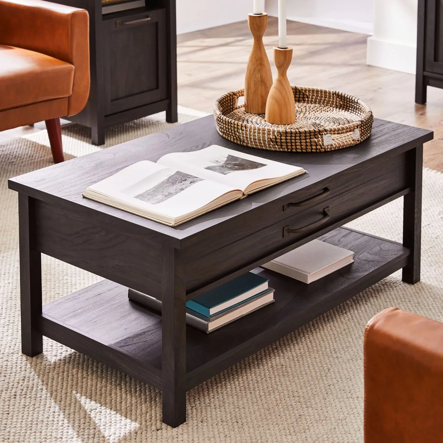 

Modern Farmhouse Rectangle Lift-Top Coffee Table, Black Finish