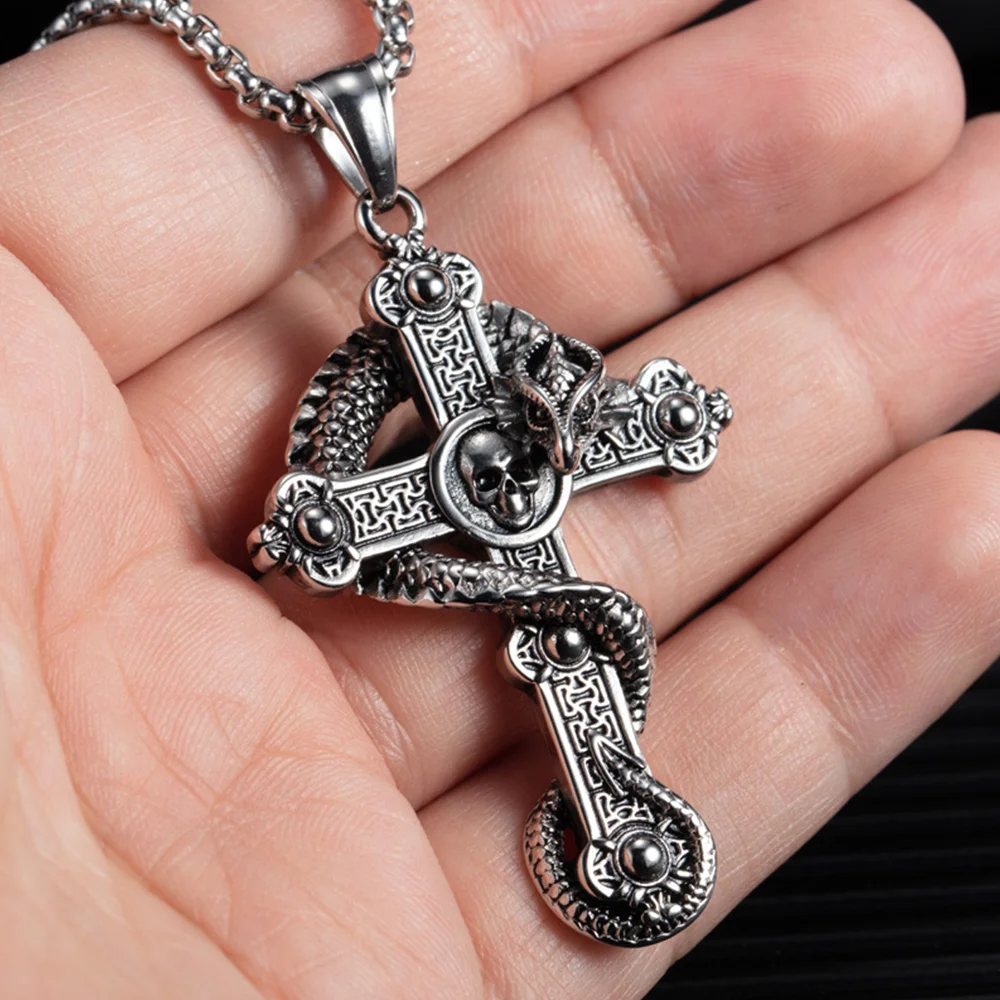 

Retro Punk Dragon Cross Pendant Necklace for Men Hip-hop Skull Fashion Jewelry Stainless Steel Accessories Anniversary Gift