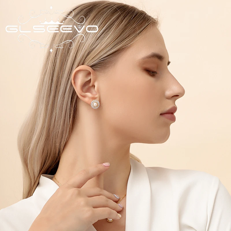 

Glseevo Natural Fresh Water Pearls Sturd Earrings 2021 Trend New Luxury Quality Fashion Jewelry For Women Party Round Earrings