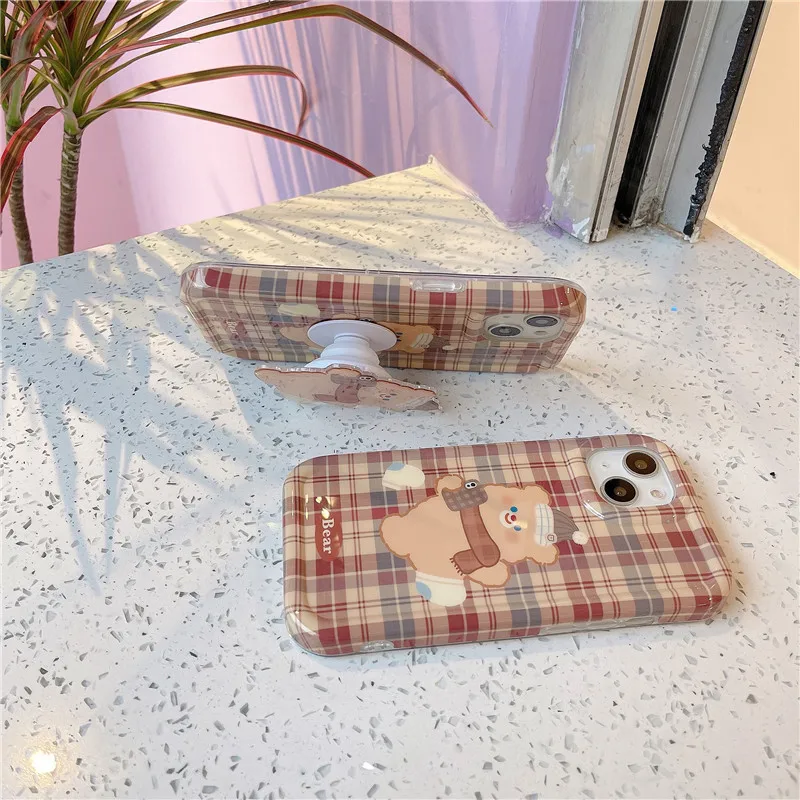

Korea 3D Grid Bears Stand Holder Phone Case For iPhone 14 13 13Pro Max 12 11Pro Max Camera Protector TPU Silicone Soft imd Cover
