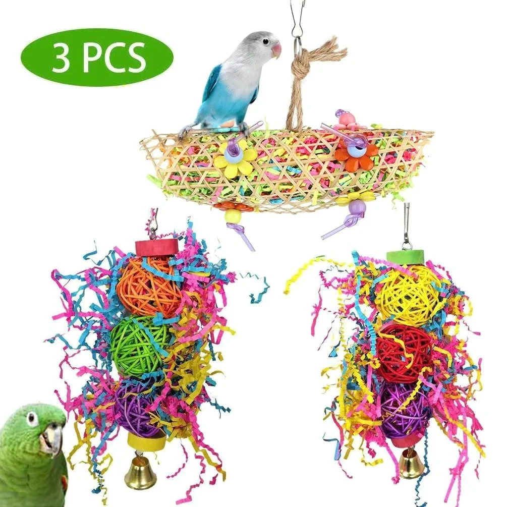 

3Pcs Small Parrot Chewing Toys Bird Shredder Toys Bird Parrot Foraging Hanging Toys for Small Bird Parakeet Parrotlet Cockatiel