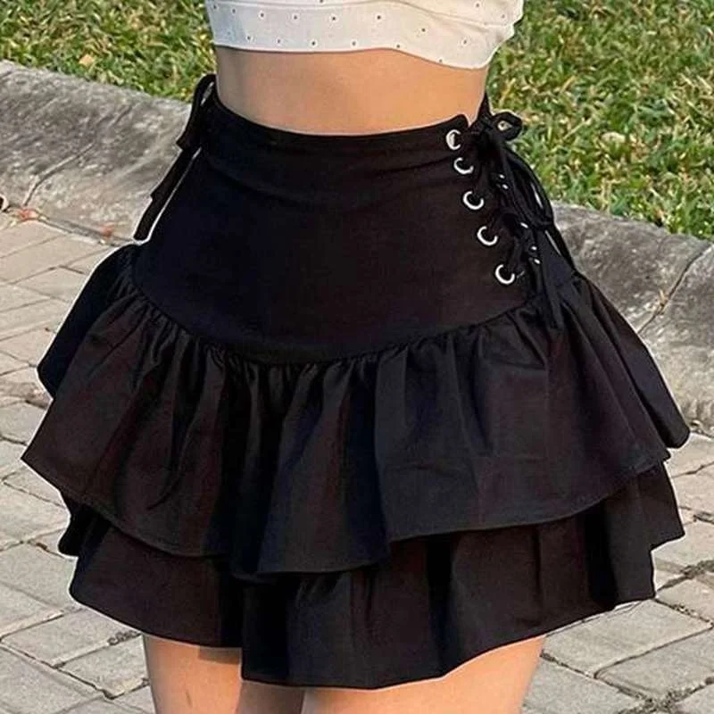Goth Skirt Women Harajuku E-Girl High Waist Drawstring Bandage Mini Skirt Dark Gothic Punk Club Wear 2023 Streetwear
