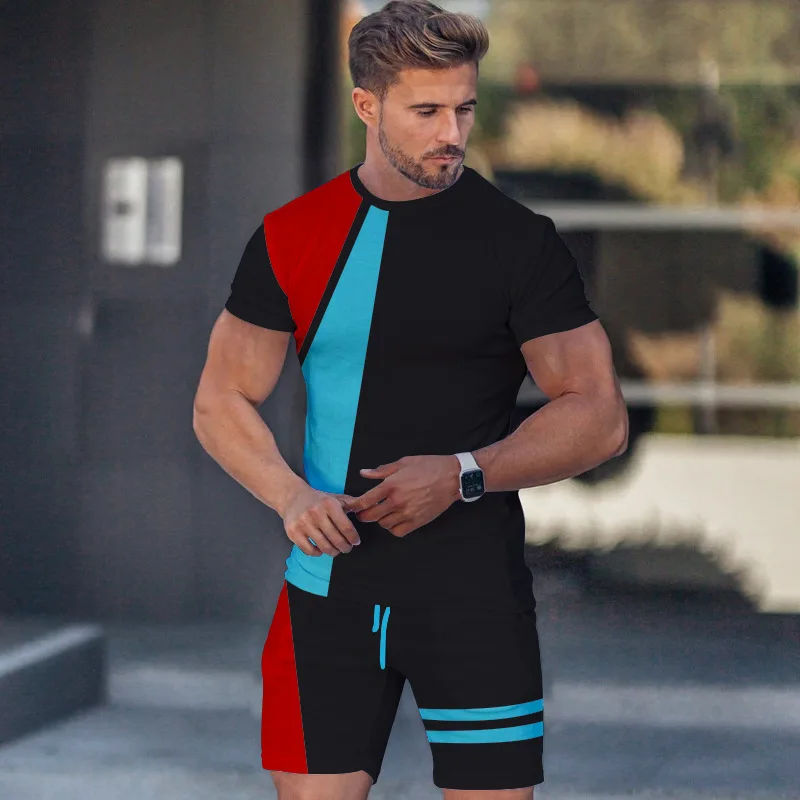 2023 New Men's Summer New Gym Sports Short Sleeve 2-Piece Color Stitching Oversized Tracksuit Slim Jogging Clothing