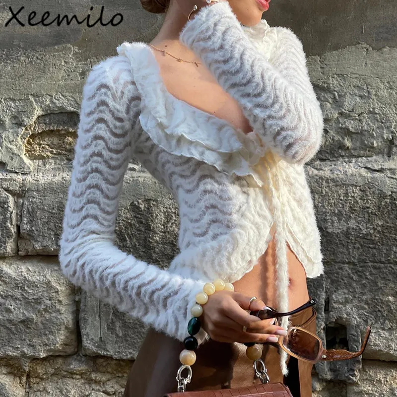 

Xeemilo 2023 осенний французский Нежный хлопковый укороченный Топ Элегантный бандажный кукольный воротник пуловер с длинным рукавом женские тонкие модные однотонные Топы