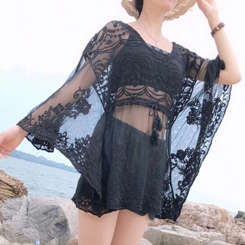 

2022 Сексуальная накидка на купальник, женское кружевное пляжное платье, летняя пляжная одежда, праздничная вязаная накидка черного, белого ц...