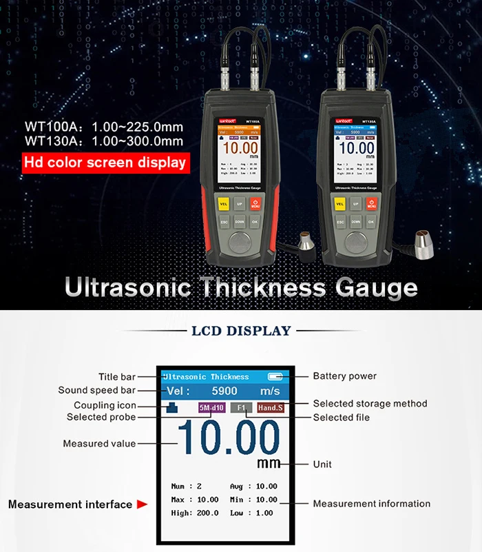 WT130A Ультразвуковой толщиномер Цифровые приборы для измерения ширины 1 00-300 0 мм
