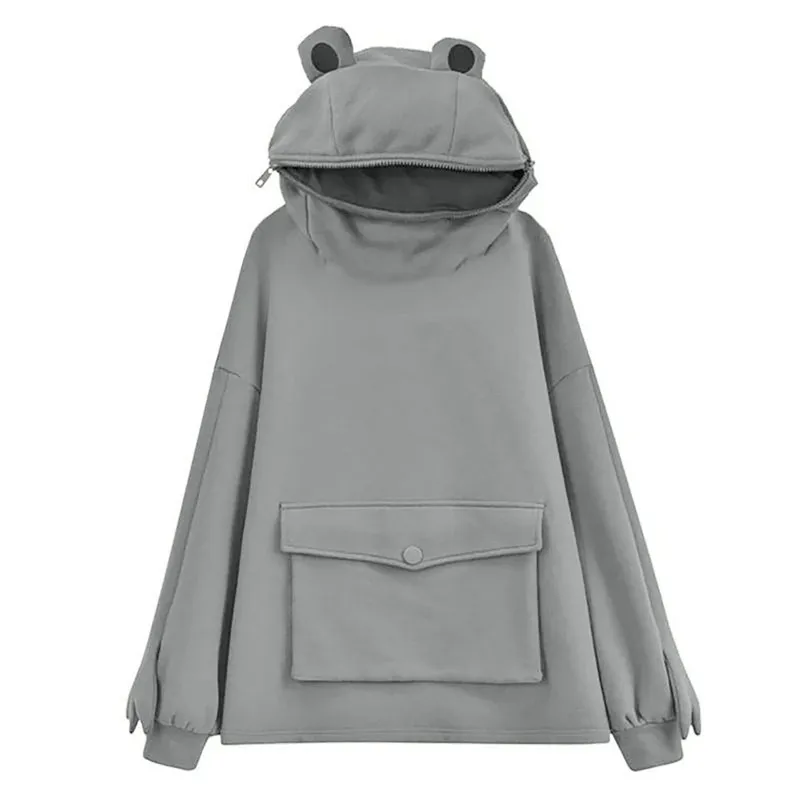 Women Long Sleeve Doll Top Kawaii Funny Pullover Streetwear Frog Hoodie Harajuku Oversize Zipper Pocket Mouth Sweatshirt Clothes
