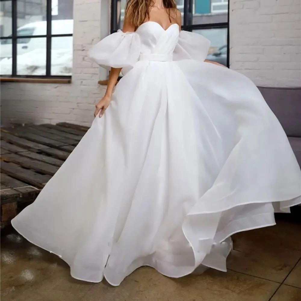 

Princess White Wedding Dress Puff Short Sleeve Plus Size Bridal Dresses Lace up Back A Line Cheap Wedding Gowns Vestido de Noiva