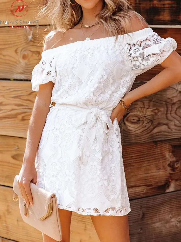 

Women Summer Solid Color A-Line Dress Patchwork Design Belt Lace Decor See Through Slash Neck Short Sleeve Slim Mini Dress