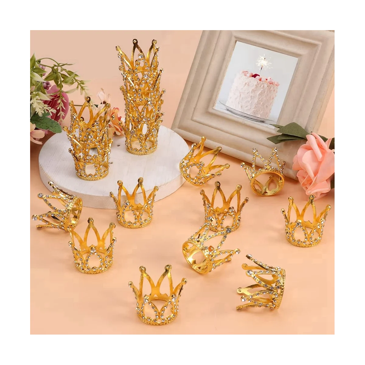 

10 Pcs Gold Cake Topper Tiny Baby Small Rhinestone Tiara Crown for Flower Arrangements Shower Birthday Wedding Decor