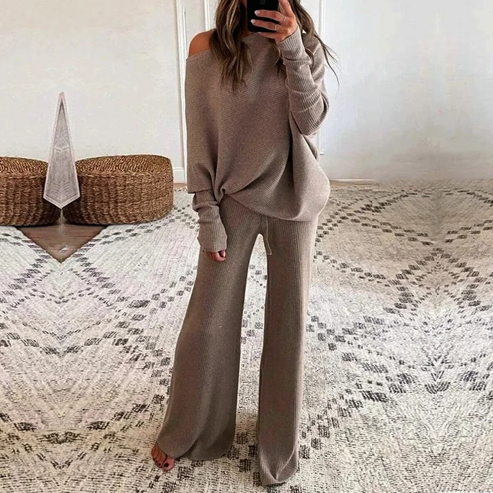 

Women Elegant Solid O Neck 2-Piece Set Spring Full Sleeve Pullover Top Wide Leg Pants Set Two Piece Set Woman clothes Party Suit