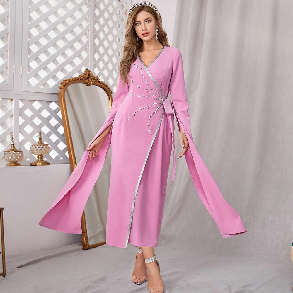 Women's Spring and Summer Muslim Middle Eastern Arab Party Pink Fashion V-neck Designer Hand Sewn Diamond Floating-Sleeved Skirt
