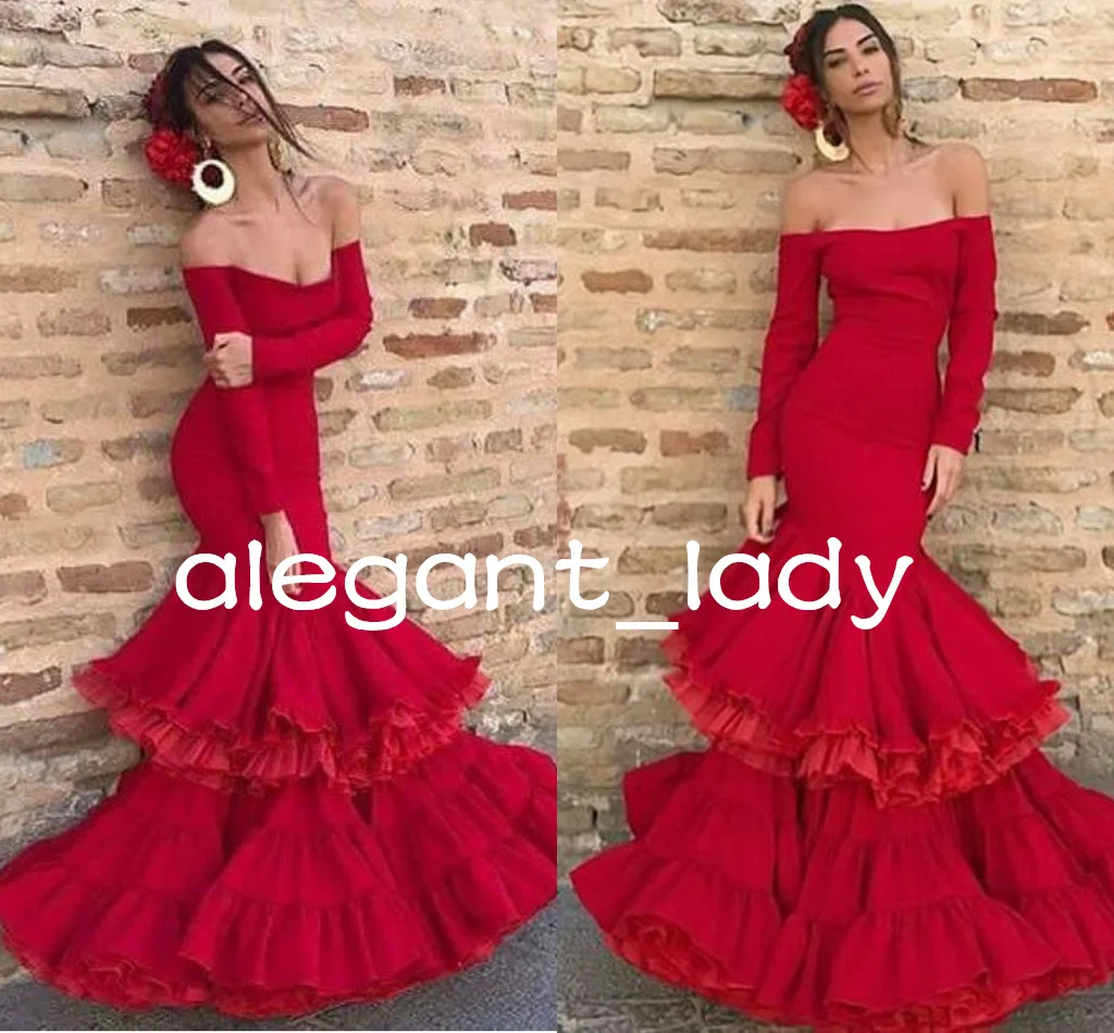 

Burgundy Red Mermaid Evening Occasion Dresses with Long Sleeve 2023 FALDA DE FLAMENCA Ruffles Tiered Skirt Dancing Prom Gown
