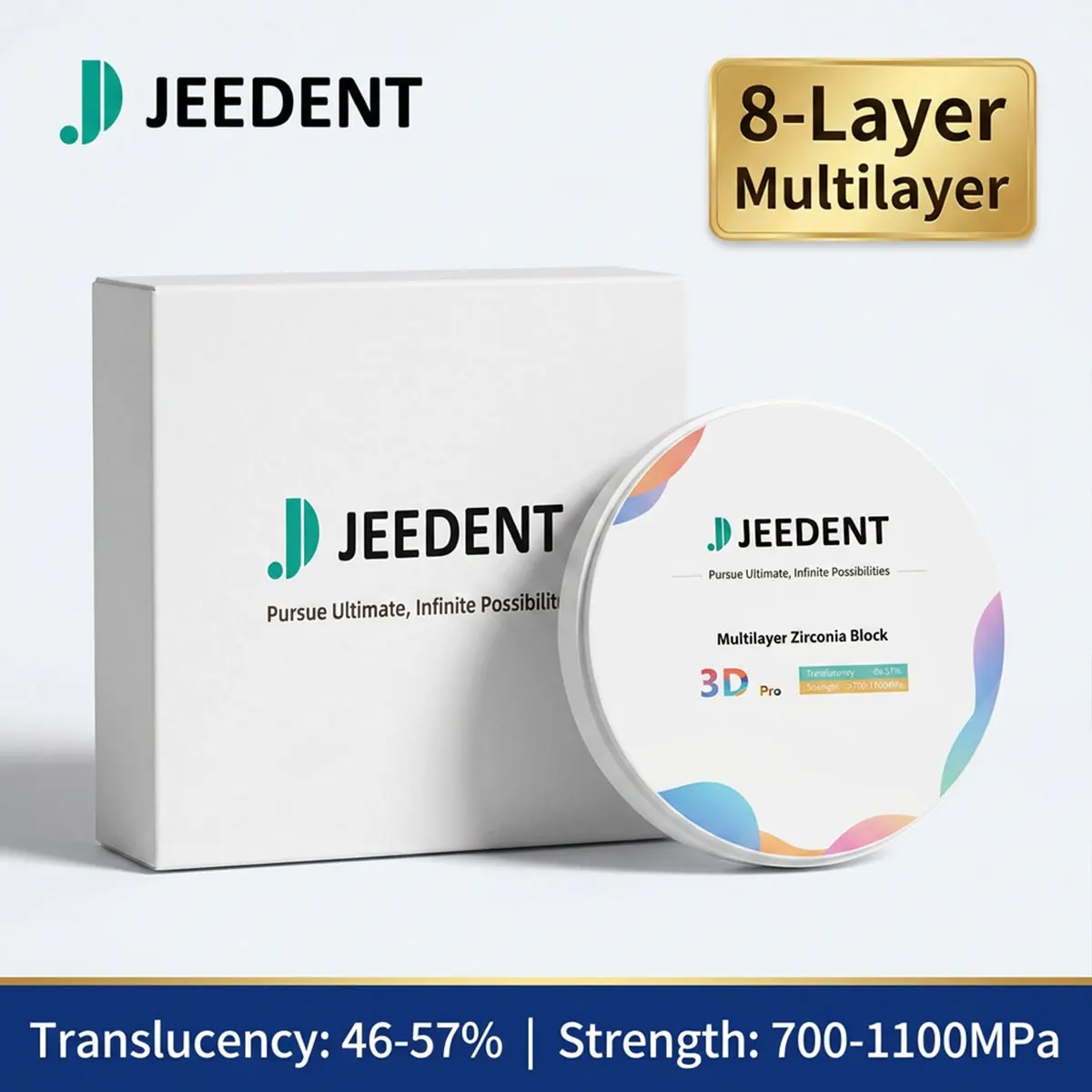 Фото JEEDENT 3DPRO 8-слойный многослойный циркониевый диск 98 мм для реставрации передних и задних коронок и мостов, 700-1100 МПа, 46-57% содержание циркония, лабораторный блок №1