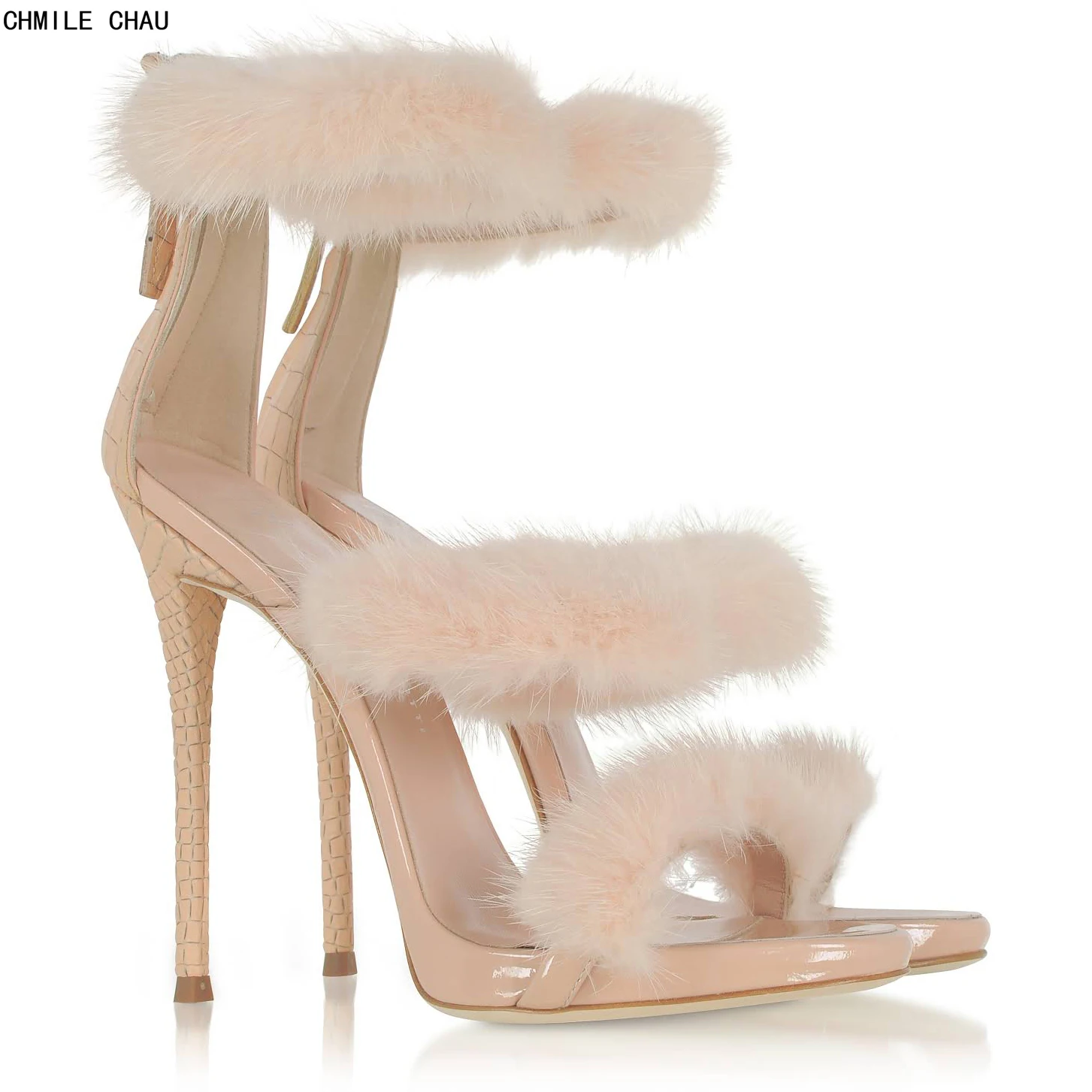 

Luxury Fur Women's Sandal With High Heel Casual Strappy Super Stiletto Heels Summer Elegant Lady Party صنادل Sandal 80-CHC-26
