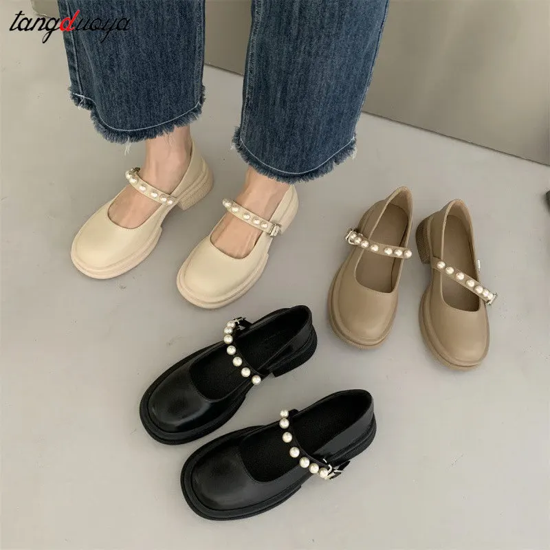 

Pearl mary jane shoes Japanese School Students Uniform Shoes JK Round Toe Buckle Trap Women Girls Lolita Cosplay shoes sweet