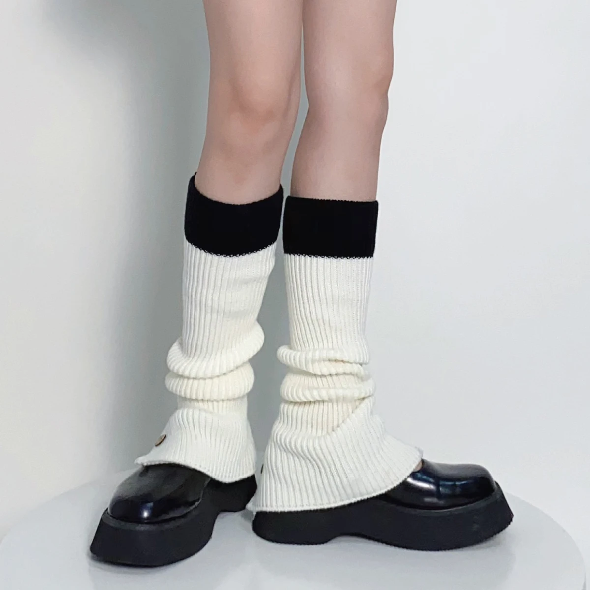 New Color-blocking Leg Warmers Japanese Lolita Winter Y2k Knitted Wool Button Flared Leg Cover Hot Girl Pile Socks Calf Socks
