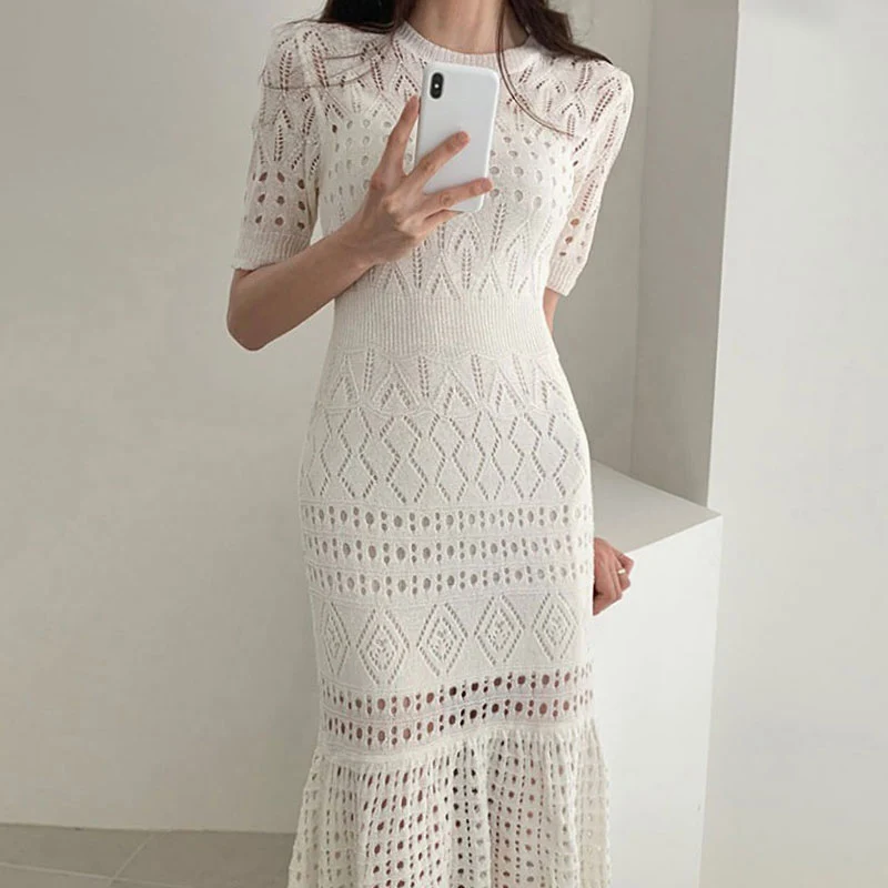 Элегантное женское трикотажное платье, однотонное ажурное облегающее платье-Русалка + однотонные майки на бретельках, женские повседневные наряды, платья