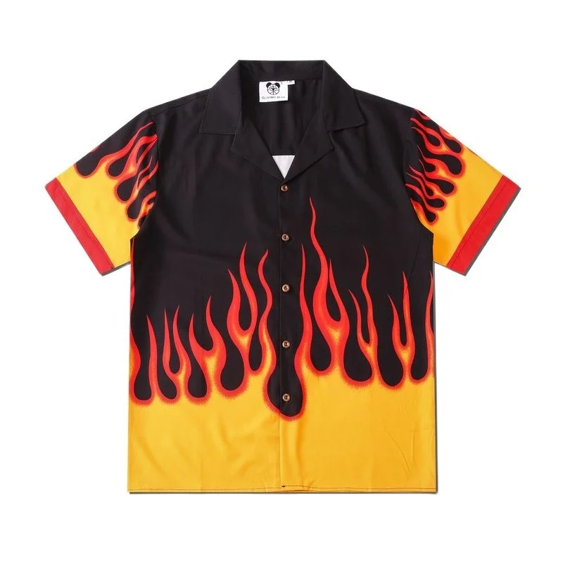 

Hawaiian Shirts for Men Flame Print Short Sleeve Summer Casual Shirts Men Harajuku Hip Hop Chemise Homme Camisa Masculina