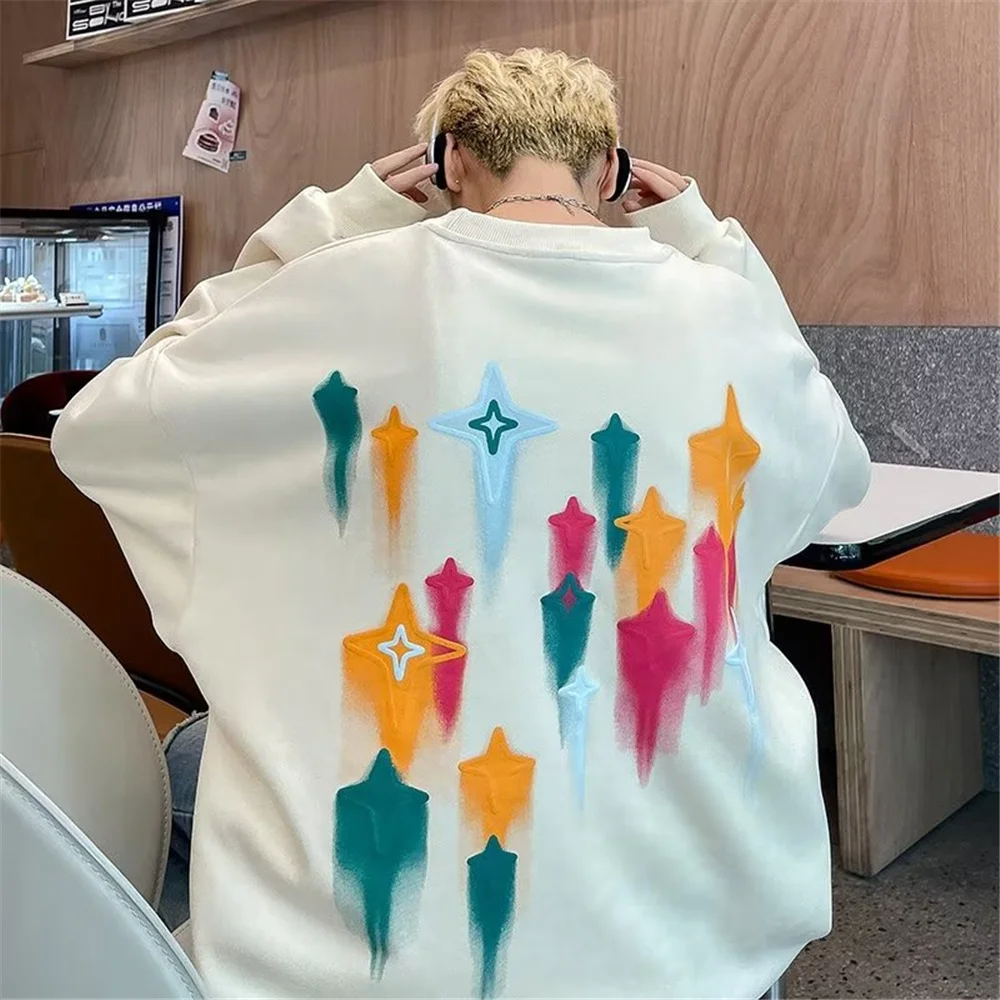 

Colorful Star Loose Hip-hop Sweatshirt Men Autumn Preppy Style Men's Sweatshirts Black Beige