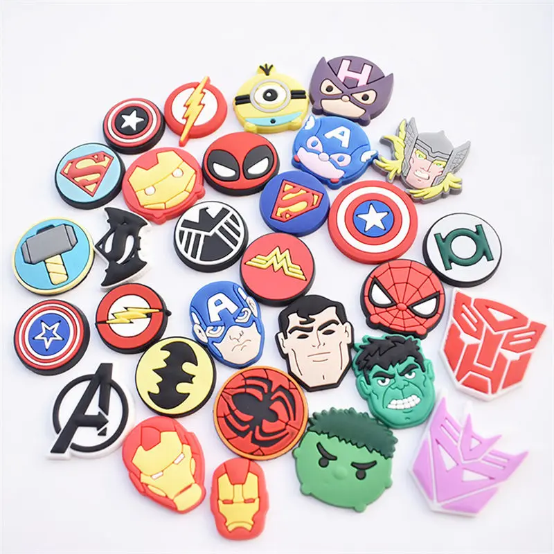 

1pcs Super hero characters Cartoon Croc Charms Shoes Accessories Garden Shoe Decorations Fit Croc Jibz Charm Children Party