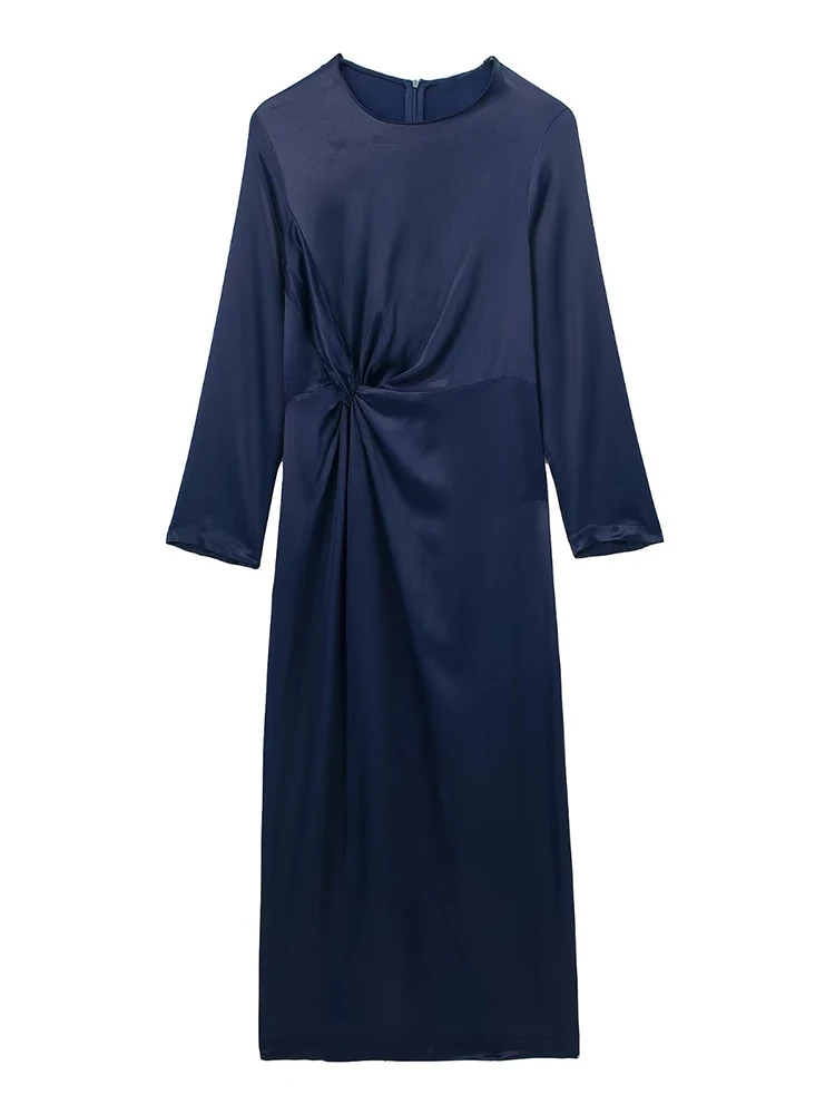 

YENKYE Women Vintage Navy Blue Knot Satin Dress Long Sleeve O Neck Female Midi Dresses