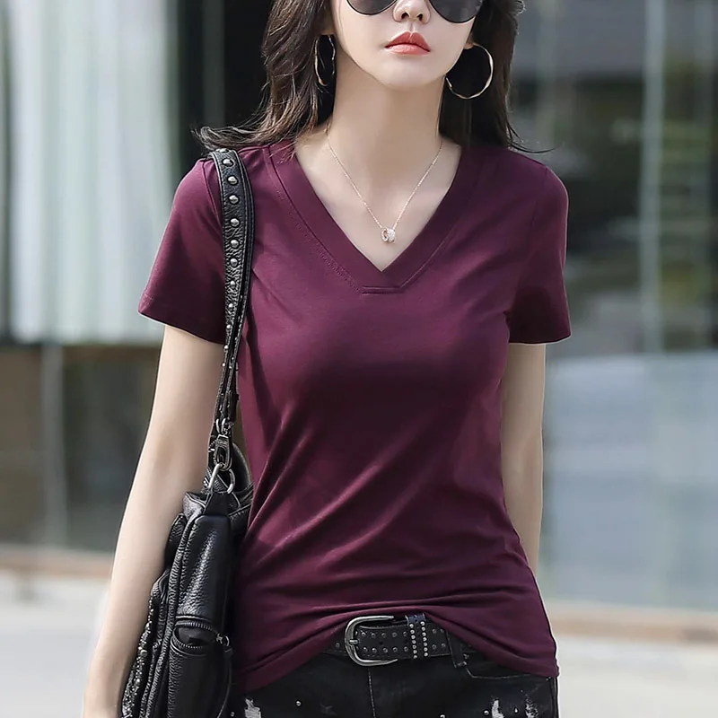 

Short Sleeve T-shirts Solid Color 5 Colors S-XXXL V-neck High Elasticity Woman Loose Tops Optional Casual Streetwear All-match