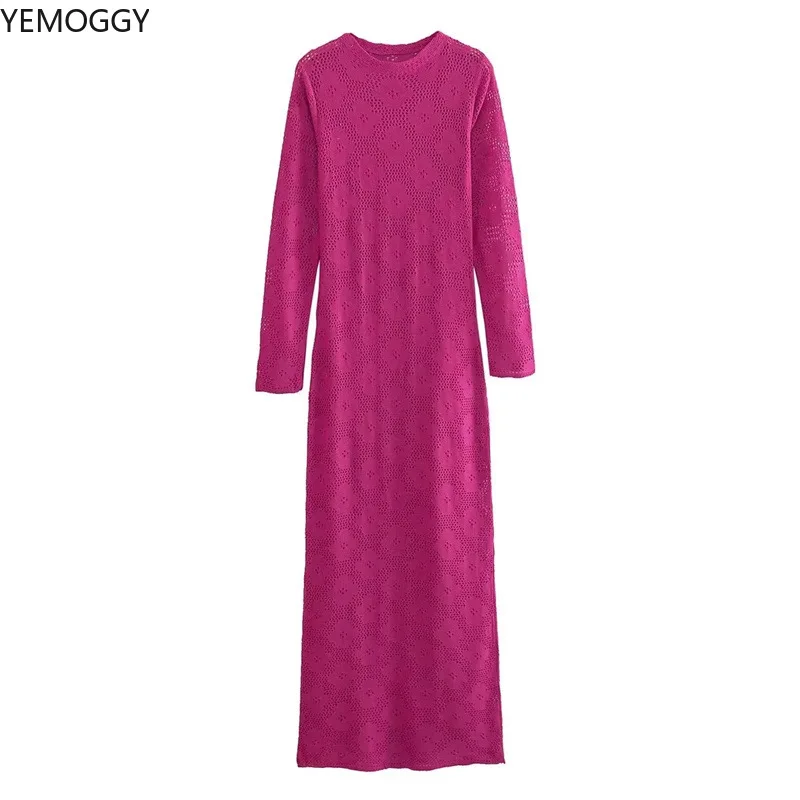 

Повседневные свободные вязаные платья для осени и зимы, женское платье, новинка 2023, пикантное универсальное ажурное миди-платье с круглым вырезом и длинным рукавом