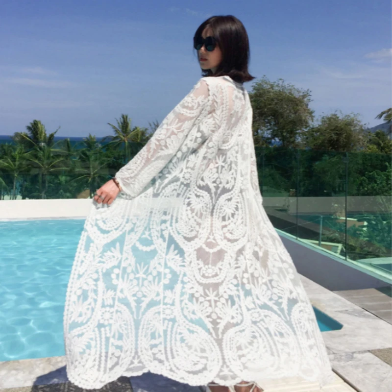 

2022 Dress Beach White Lace Summer Maxi Dress Women Long Sleeve Beach Cover Up Sexy See Through Boho Bikini Beachwear Cover-ups