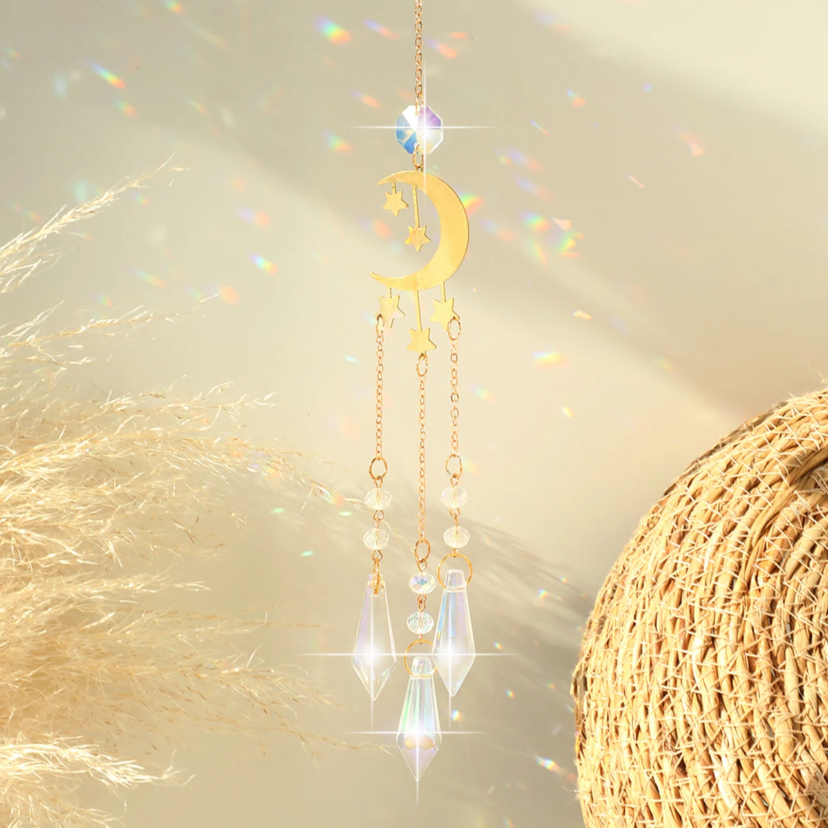 

Star Moon Crystal Prism Suncatcher Wind Chime Garden Rainbow Maker Car Chandelier Suncatcher for Window Home Wall Decor Gift