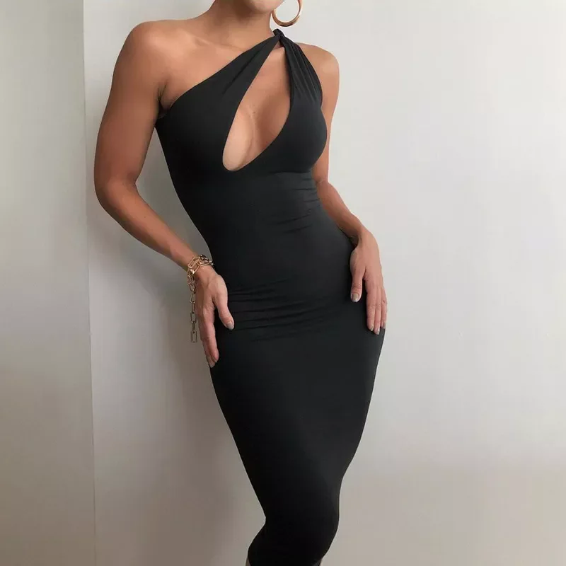 

Cut Out Sexy Midnight Clubwear Maxi Dresses Solid One Shoulder Birthday Outfit for Women Slim Bodycon Party Dress 2022