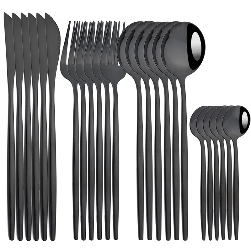 

Набор черных столовых приборов, зеркальная посуда из нержавеющей стали, нож, вилка, чайная ложка, столовые приборы для кухни, столовое сереб...