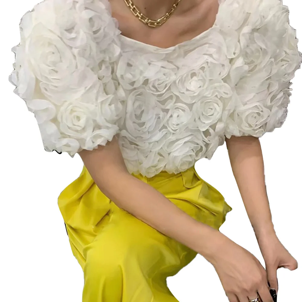 

Loose Solid Shirt For Women Square Collar Puff Sleeve Patchwork Gauze Floral Blouses Female Spring Fashion Clothing New