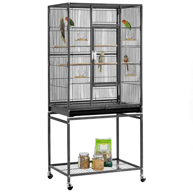 

54"H Large Rolling Metal Pet Cage for Birds or Small Animal, Black