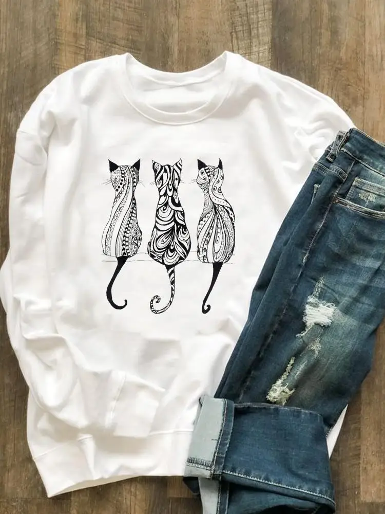 

Cat Sweet Cartoon Trend O-neck Fashion Clothing Casual Women Graphic Sweatshirts Autumn Spring Clothes Print Pullovers