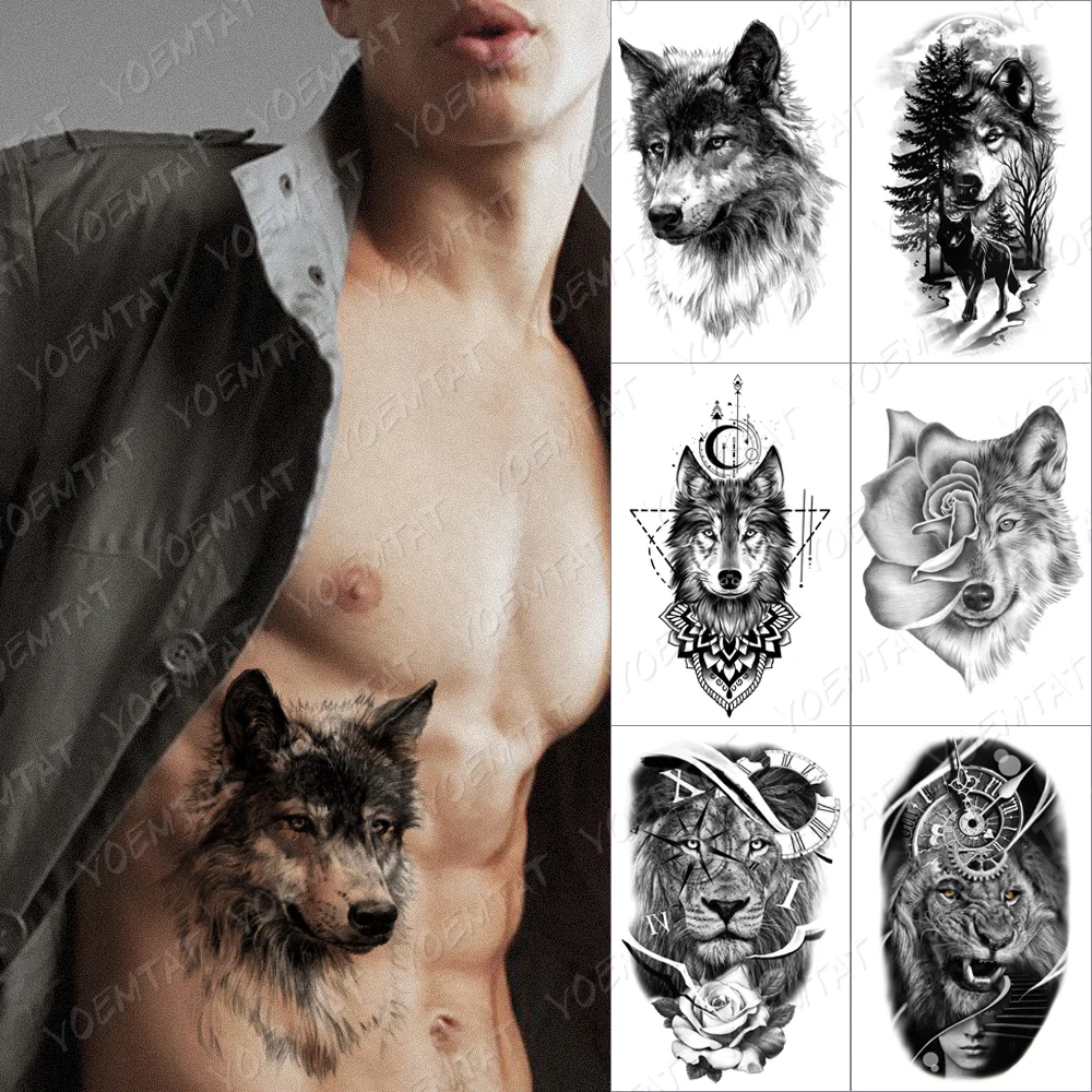 

Dark Wolf Forest Temporary Tattoo Sticker For Men Women Owl lione Waterproof Fake Henna Fox Tiger Animal Body Art Tatoo Decal