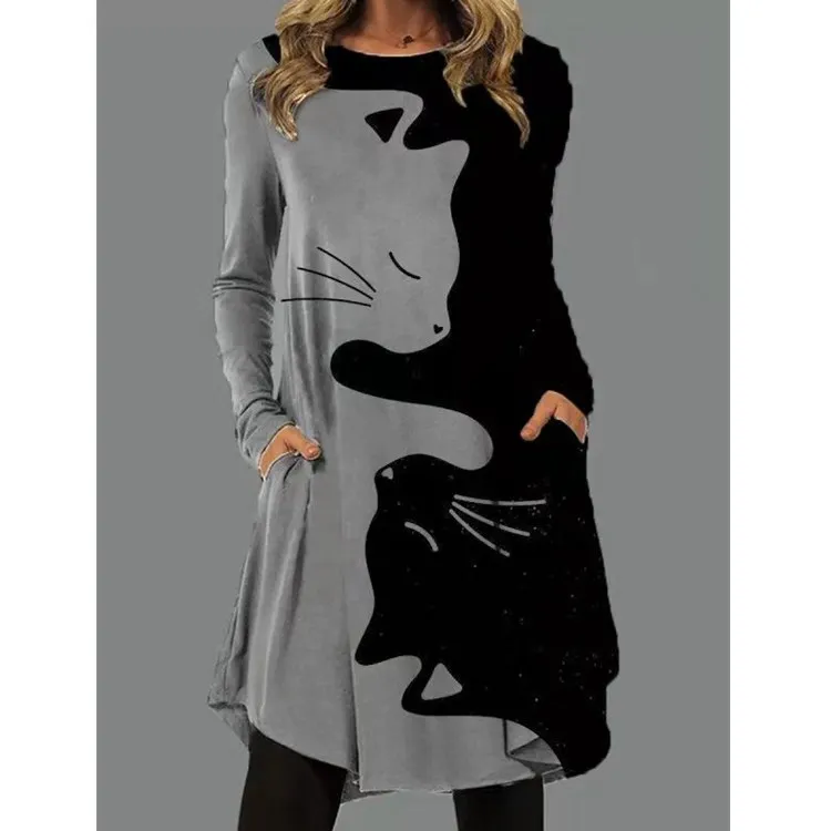 

Женское платье с цифровым принтом кошки, повседневное офисное платье в этническом стиле с длинным рукавом, весна-осень 2022