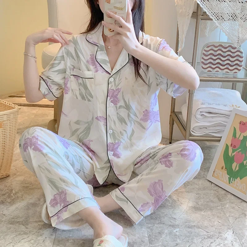 Женские атласные пижамные комплекты из двух предметов брюки с коротким рукавом и