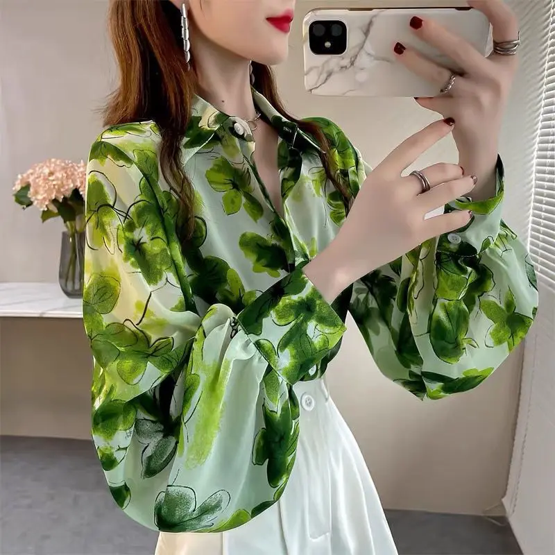 

Stylish Lapel Button All-match Printed Lantern Sleeve Shirt Female Clothing 2023 Spring New Casual Tops Loose Office Lady Blouse