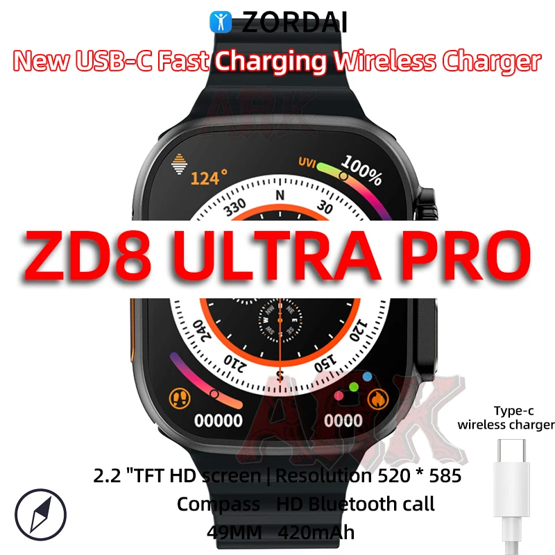 

Новинка 2023, часы ZD8 Ultra Pro, умные часы для мужчин и женщин с поддержкой BT, звонки, 2,2 дюйма, беспроводное зарядное устройство USC-c, Z8Ultramax, умные часы для Xiaomi
