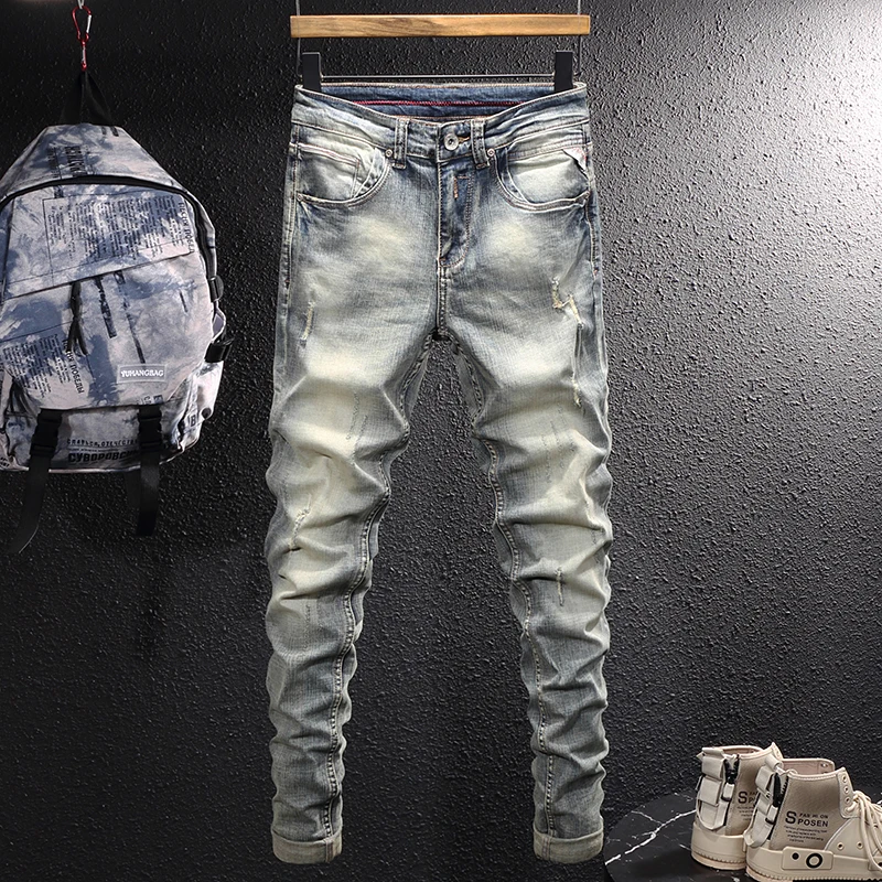 

Джинсы-Карандаш мужские рваные, модные эластичные брюки из денима, винтажные дизайнерские штаны Slim Fit, желтые синие, в итальянском стиле рет...